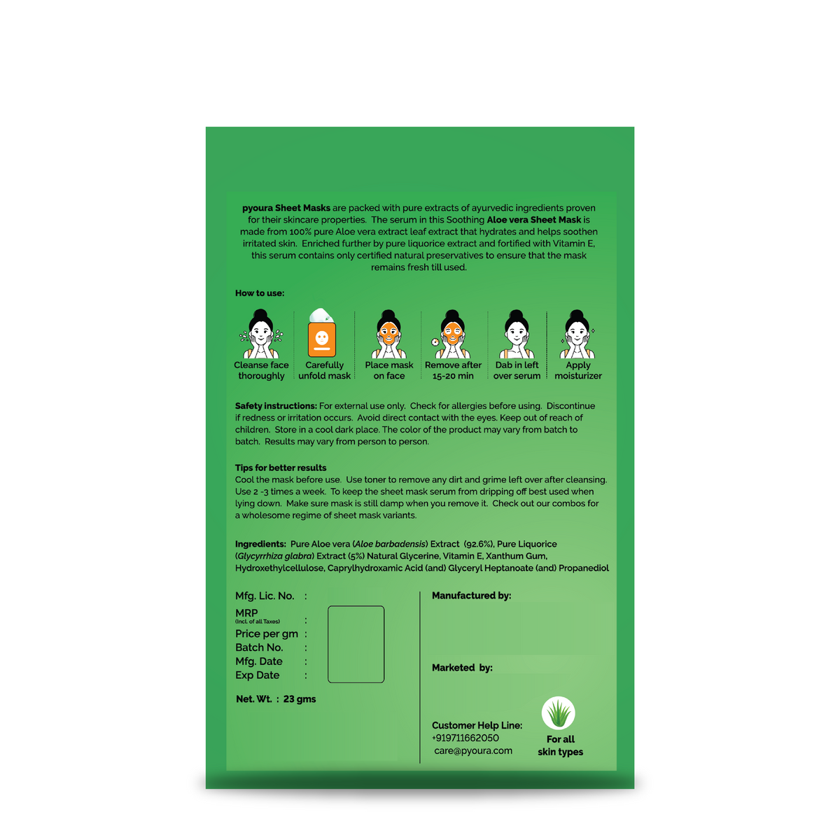 Aloe vera Soothing Sheet Mask <h4> Refreshes Skin, Reduces Dullness<h4> <h6> The serum in this sheet mask is made from 100% pure and stain free Aloe vera extract leaf extract that hydrates and helps soothen irritated skin. <h6>
