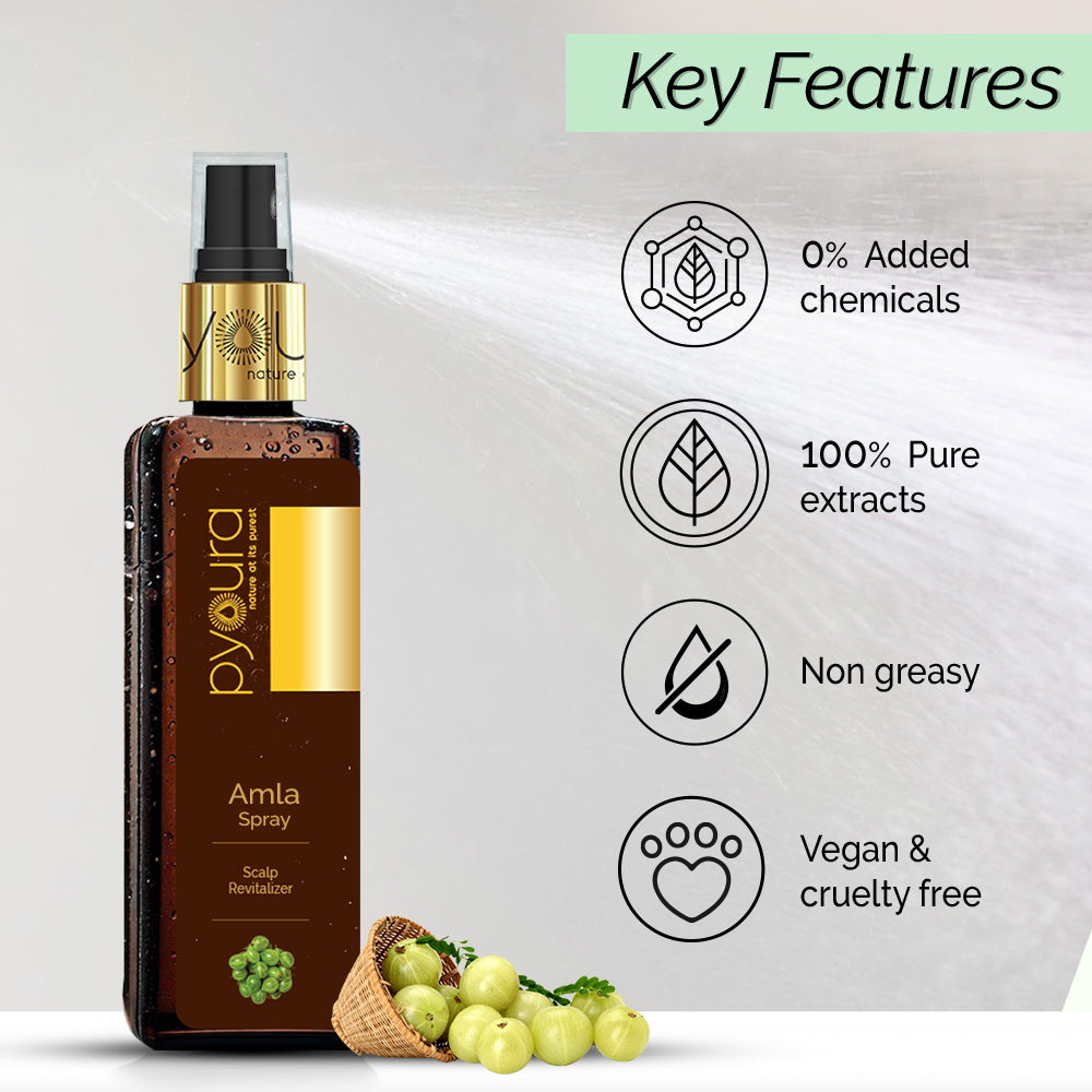 Amla Mist. Relieves Itchy Scalp and Dandruff. Non-greasy. No alcohol or preservatives added.