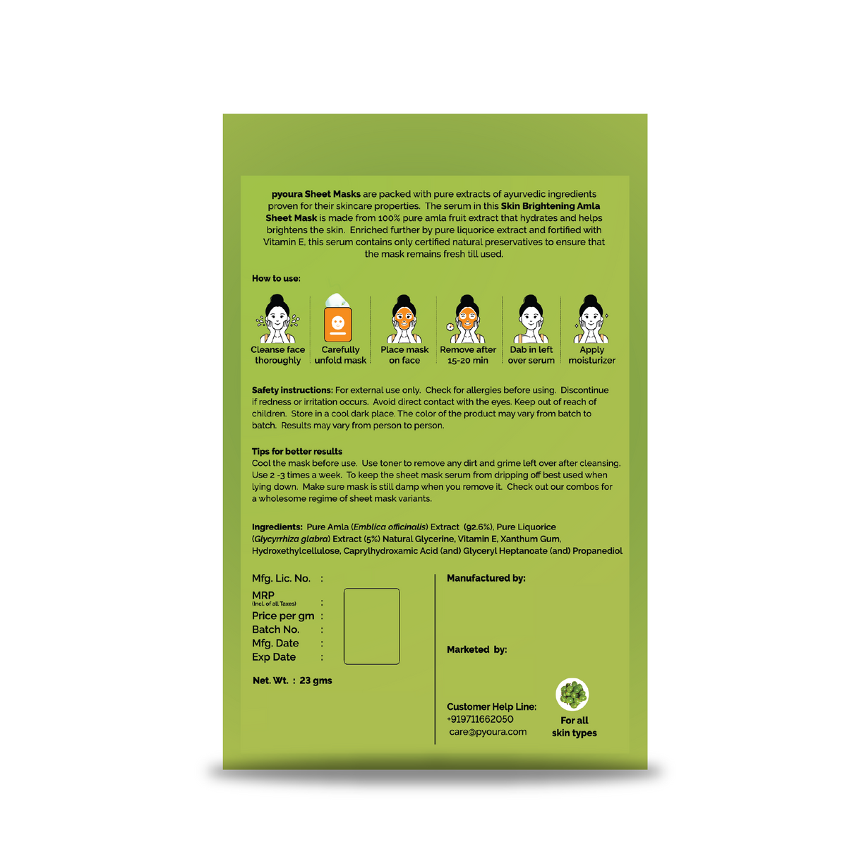 Amla Revitalizing Sheet Mask <h4> Refreshes Skin, Reduces Dullness Brightens Skin Tone <h4><h6> The serum in this sheet mask is made from 100% pure and stain free amla fruit extract that hydrates and helps brightens the skin. <h6>