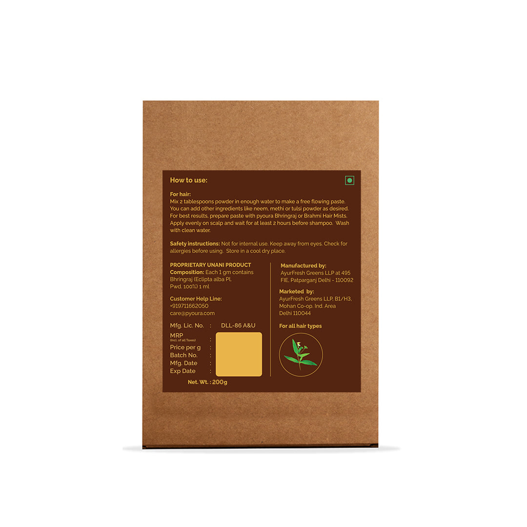 Bhringraj Powder <h4>100% Pure | Hygienically dried | For healthy scalp & strong hair <h4><h6>Made from hygienically dried hand-picked, cleaned bhringraj plant that while preserving their hair caring activies without sun drying or adding chemicals. <h6>