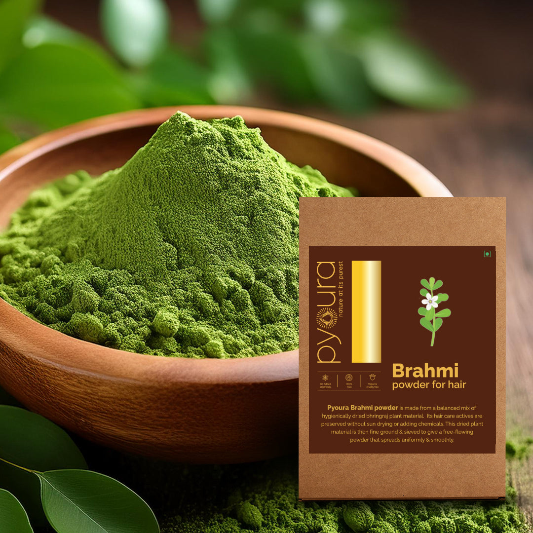 Brahmi Powder <h4>100% Pure | Hygienically dried | For healthy scalp & strong hair <h4><h6>Made from hygienically dried hand-picked, cleaned brahmi plant that while preserving their hair caring activies without sun drying or adding chemicals. <h6>