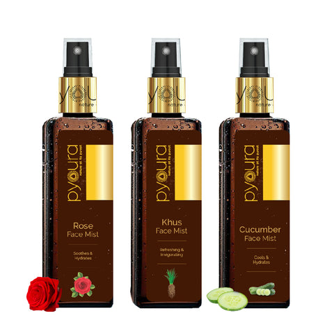 Rose + Cucumber + Khus Face Mist Summer Skincare Kit <h4> Soothe Hydrate Sunburn & Refresh with these 100% pure, alcohol free extracts<h4><h6>100 ml each Pack of 3<h6>