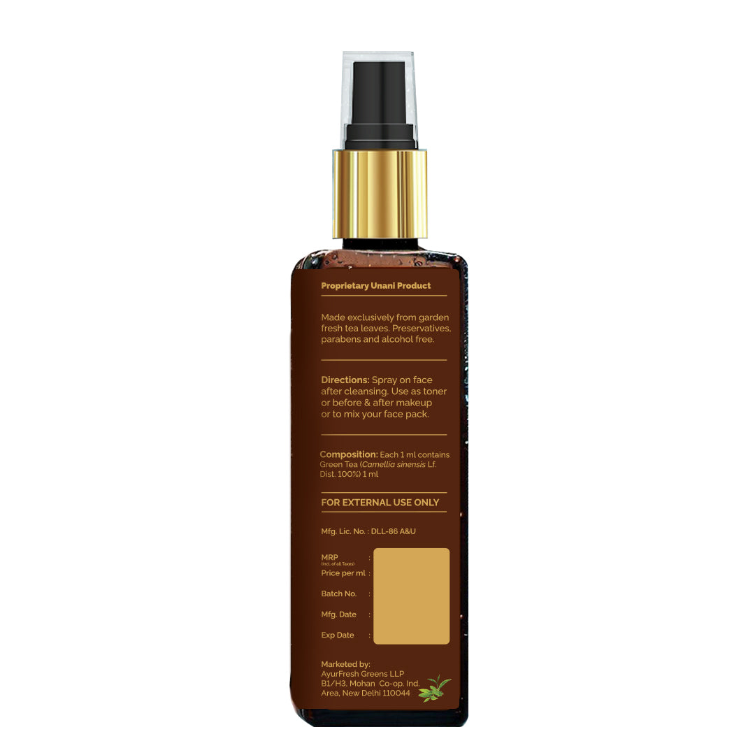 100% pure extract of garden fresh tea leaves <h4> Natural Antioxidant <h4> <h6> Alcohol Free, 100% natural, easy-to-use mist spray Green tea toner<h6>