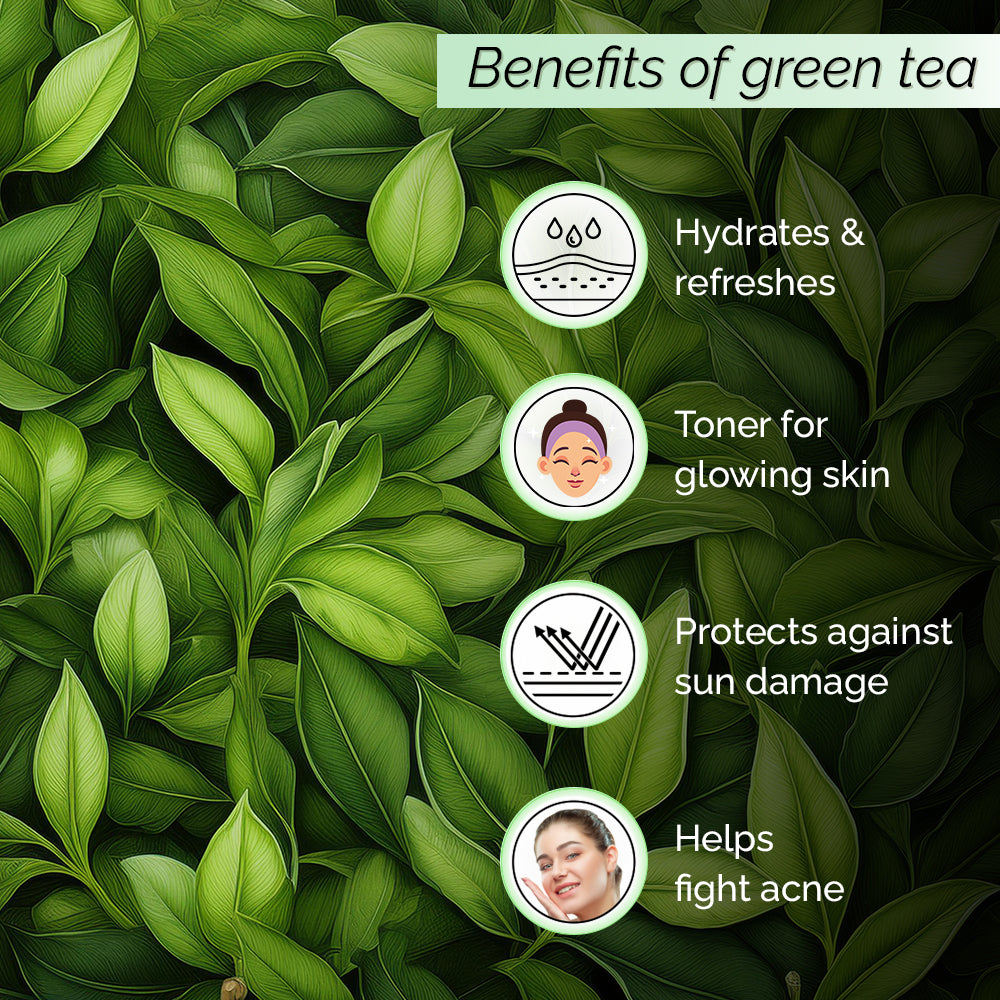100% pure extract of garden fresh tea leaves <h4> Natural Antioxidant <h4> <h6> Alcohol Free, 100% natural, easy-to-use mist spray Green tea toner<h6>