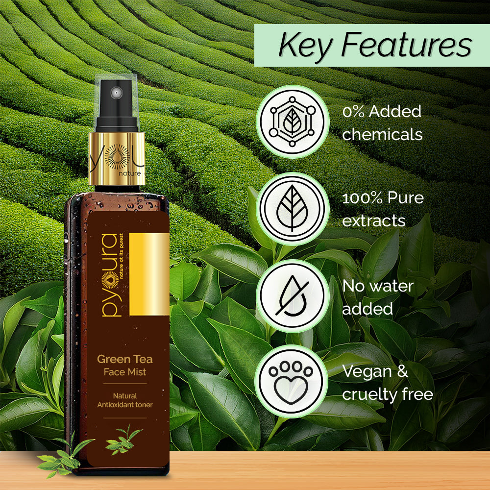 100% pure extract of garden fresh tea leaves <h4> Natural Antioxidant <h4> <h6> Alcohol Free, 100% natural, easy-to-use mist spray Green tea toner<h6>