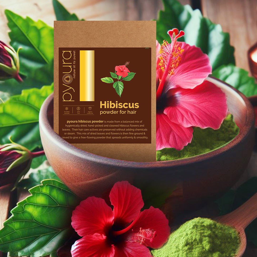 Hibiscus Powder <h4>100% Pure | Hygienically dried | For healthy scalp & strong hair <h4><h6>Made from hygienically dried fresh hibiscus flowers & leaves that while preserving their hair caring activies without sun drying or adding chemicals. <h6>