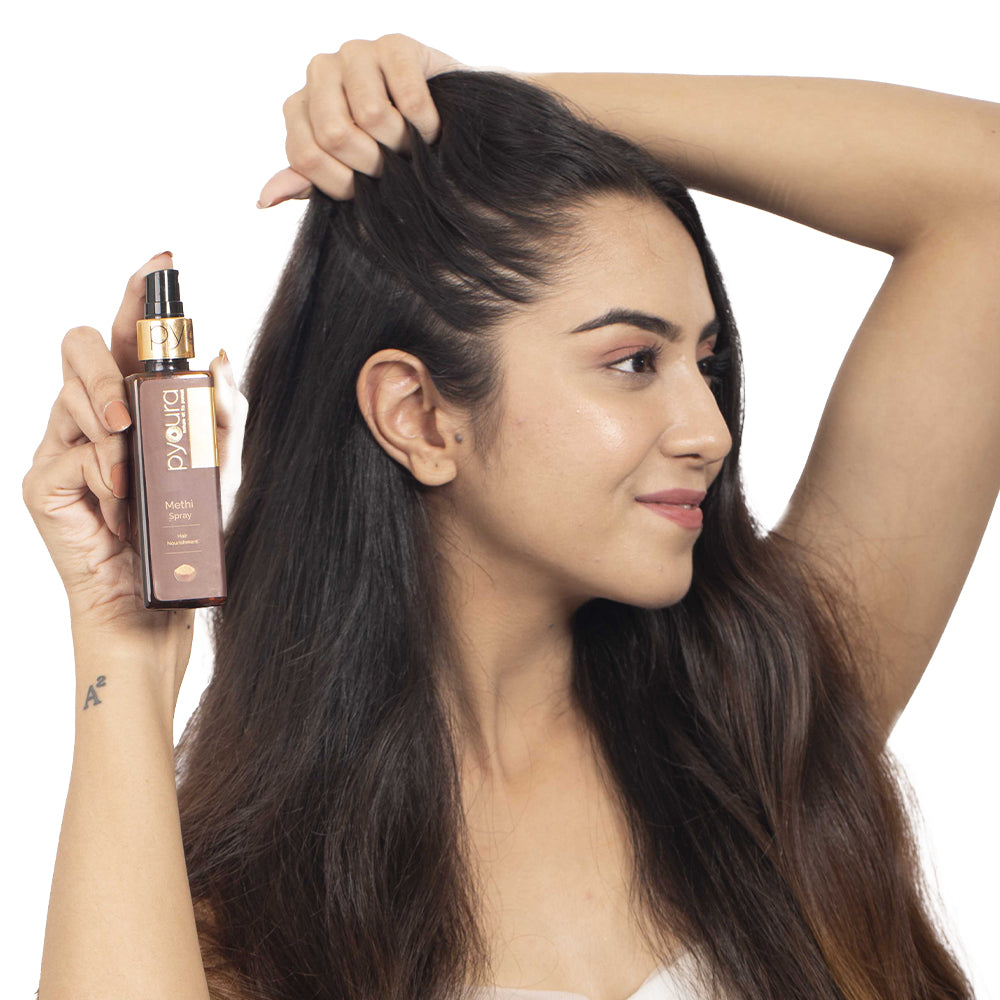 Methi Mist, For soft n shiny hair.  Fight dandruff, No alcohol or preservatives added.  Non-greasy