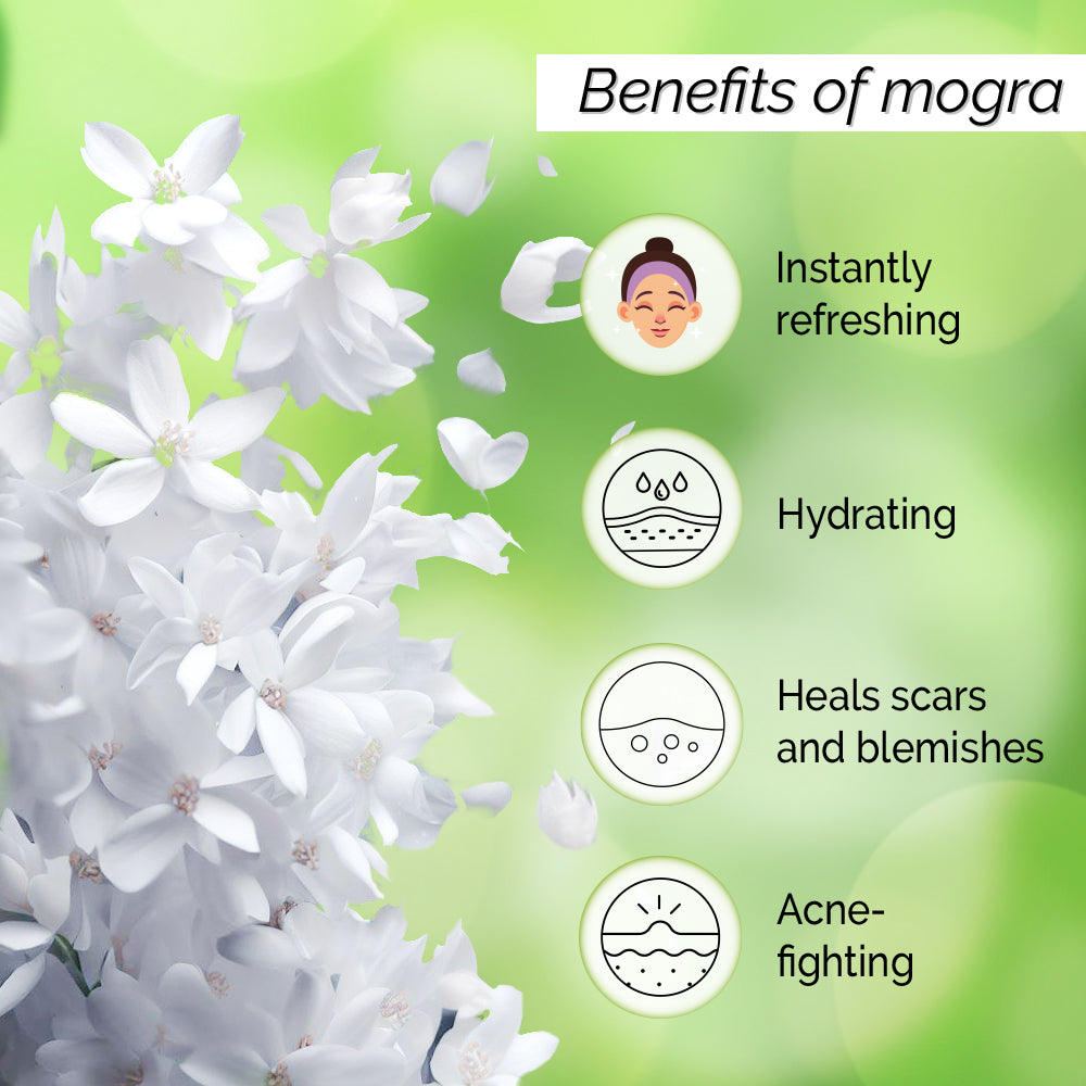 Skin Invigorating Mogra <h4> Alcohol Free Face Toner Mist <h4><h6> 100% pure extract of fresh mogra.  No Water. No Steam.<h6>