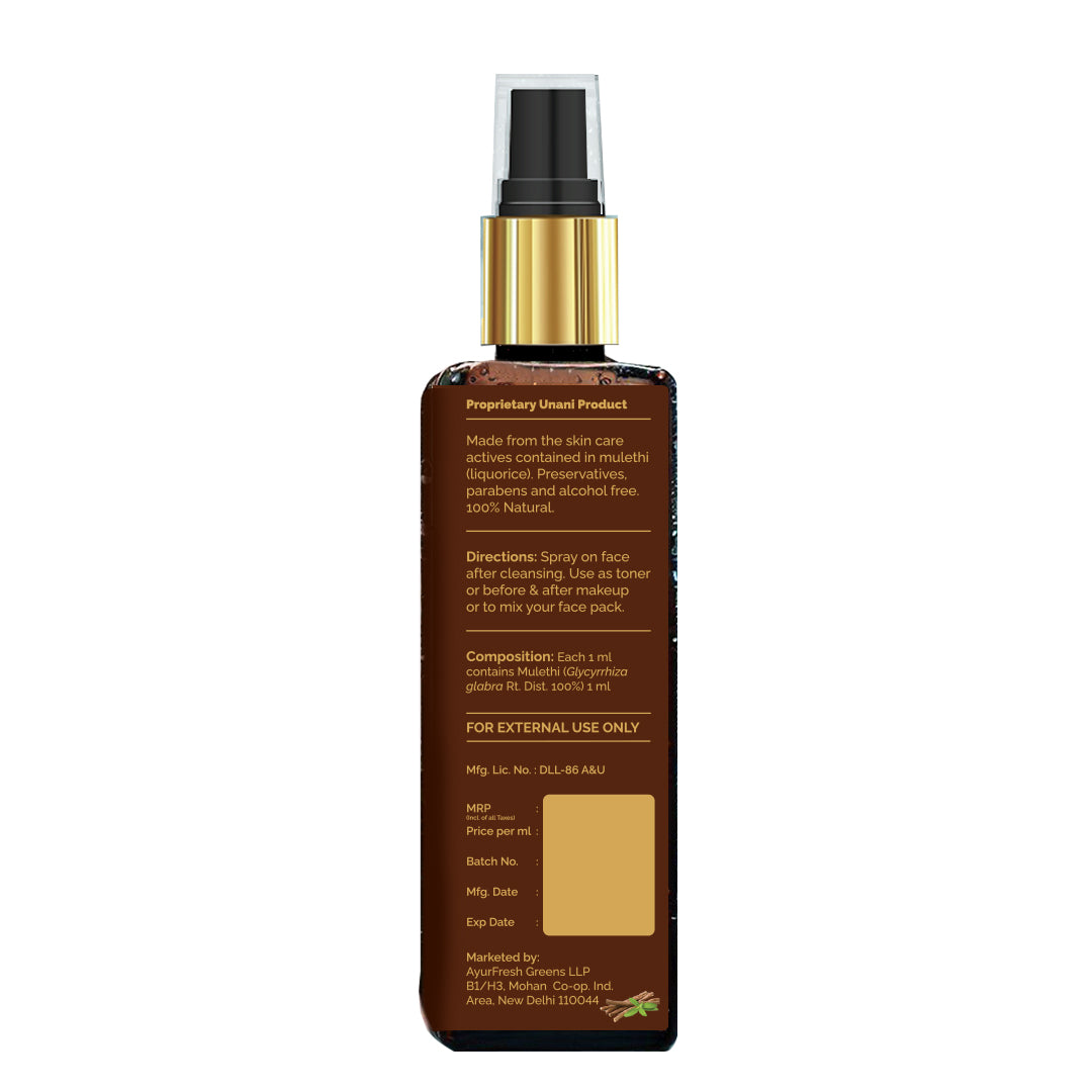 100% pure extract of Mulethi <h4> For a clear skin<h4> <h6> Alcohol Free, 100% natural, easy-to-use mist spray Mulethi toner<h6>