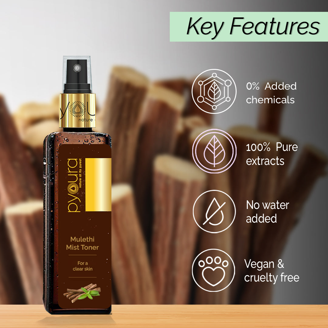 100% pure extract of Mulethi <h4> For a clear skin<h4> <h6> Alcohol Free, 100% natural, easy-to-use mist spray Mulethi toner<h6>