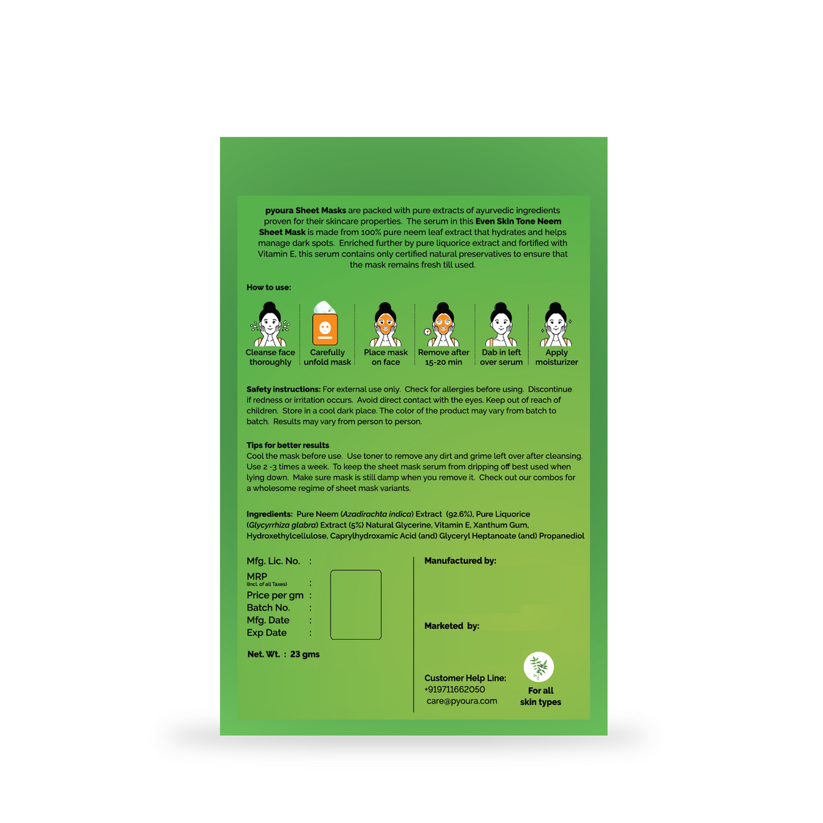 Neem Renewal Sheet Mask <h4>Refreshes Skin, Gives Even Skin Tone<h4> <h6> The serum in this sheet mask is made from 100% pure and stain free neem leaf extract that hydrates and helps manage dark spots. <h6>