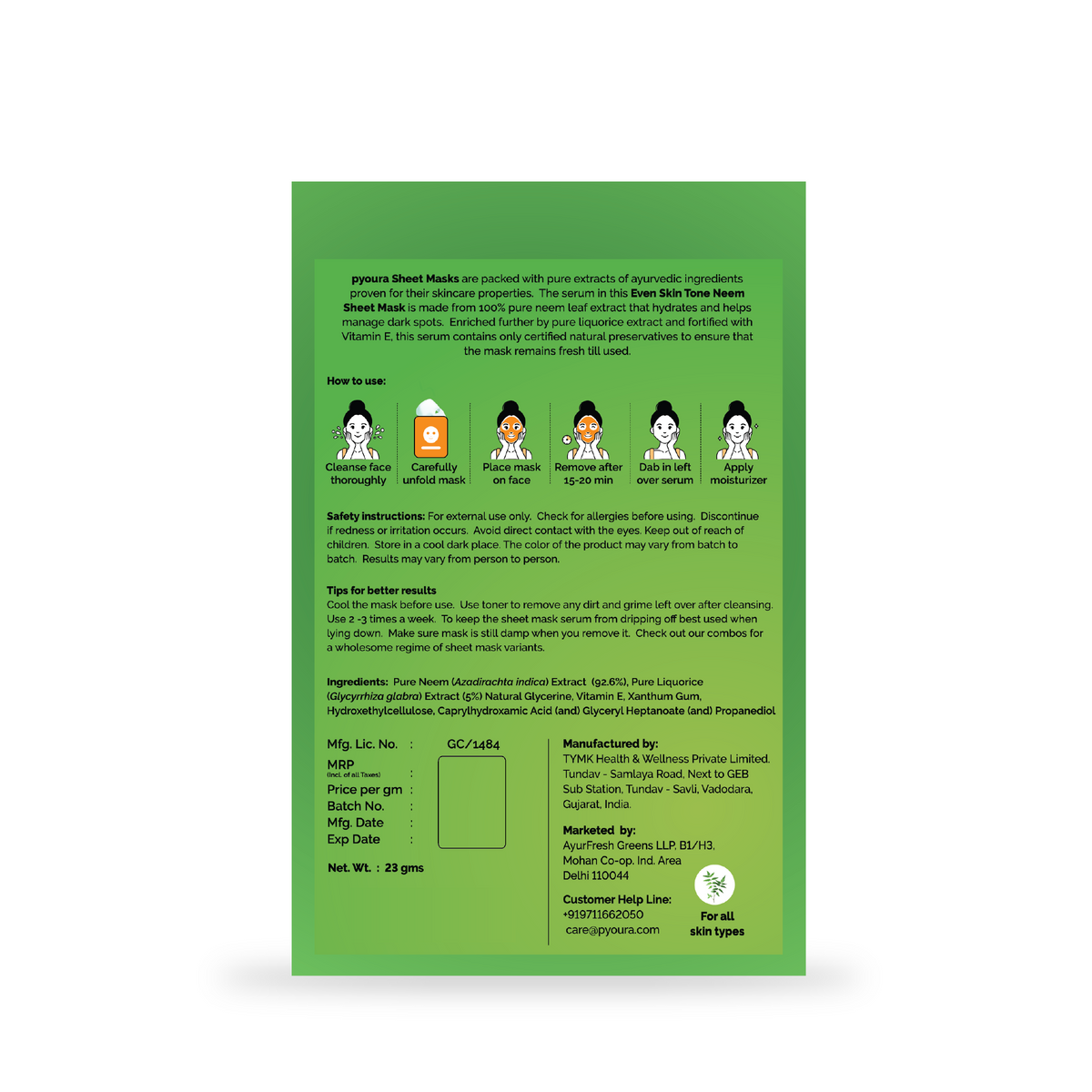 Neem Renewal Sheet Mask <h4>Refreshes Skin, Gives Even Skin Tone<h4> <h6> The serum in this sheet mask is made from 100% pure and stain free neem leaf extract that hydrates and helps manage dark spots. <h6>