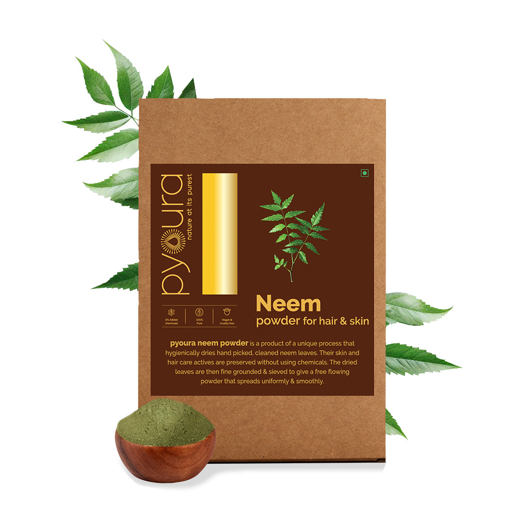Neem Powder <h4> For a clear skin and healthy hair <h4><h6>Made from hygienically dried fresh neem leaves without sun drying or use of chemicals to preserve their natural hair & skin caring actives <h6>