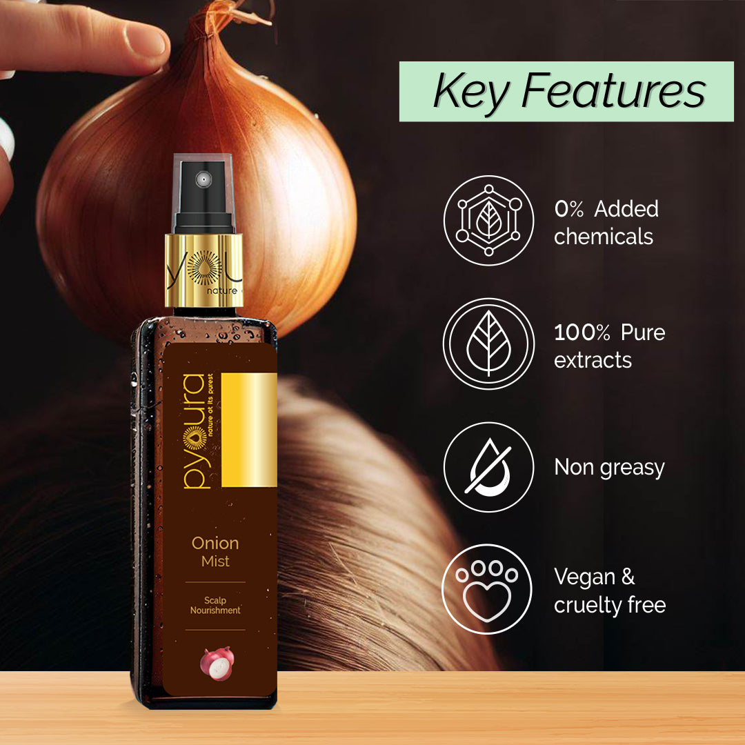 Onion Mist <h4> Manage hair fall. Nourish scalp<h4> <h6>No alcohol or preservatives. No lasting odor<h6>