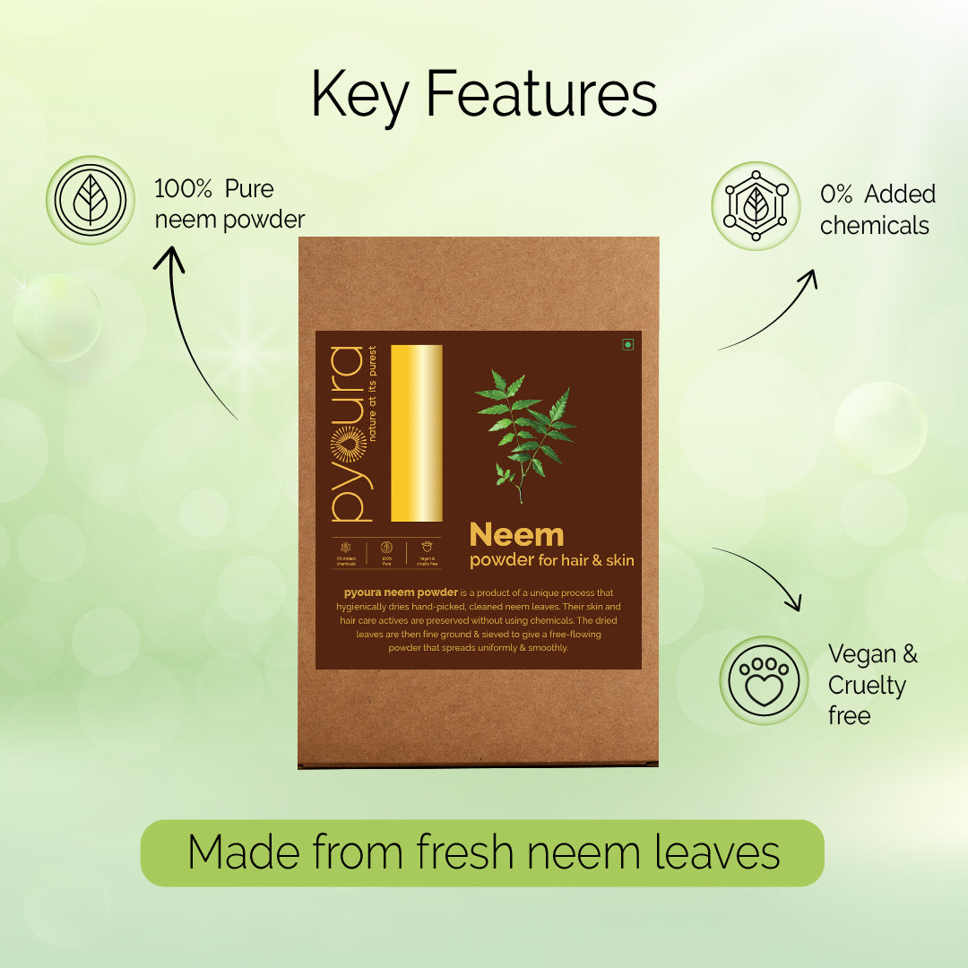 Neem Powder <h4> For a clear skin and healthy hair <h4><h6>Made from hygienically dried fresh neem leaves without sun drying or use of chemicals to preserve their natural hair & skin caring actives <h6>