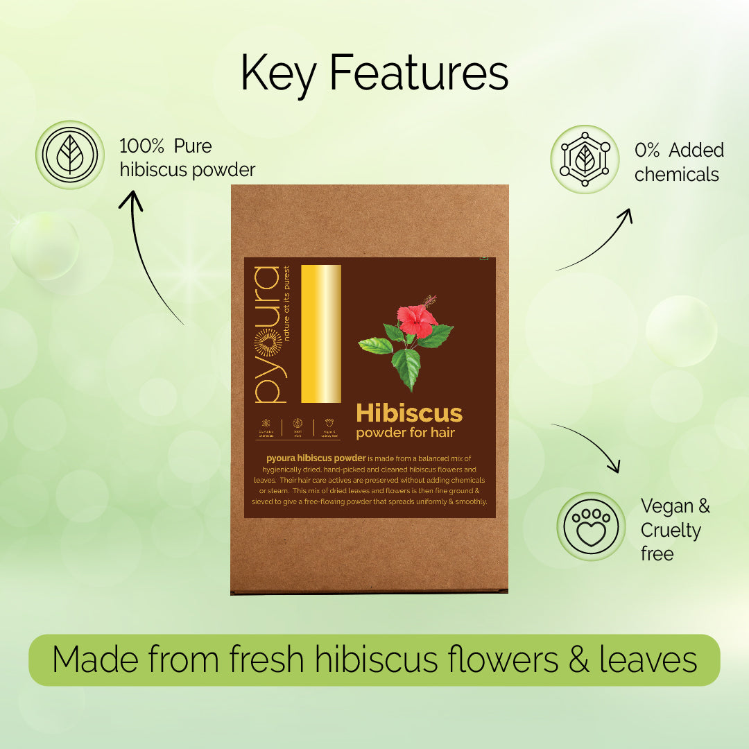 Hibiscus Powder <h4>100% Pure | Hygienically dried | For healthy scalp & strong hair <h4><h6>Made from hygienically dried fresh hibiscus flowers & leaves that while preserving their hair caring activies without sun drying or adding chemicals. <h6>