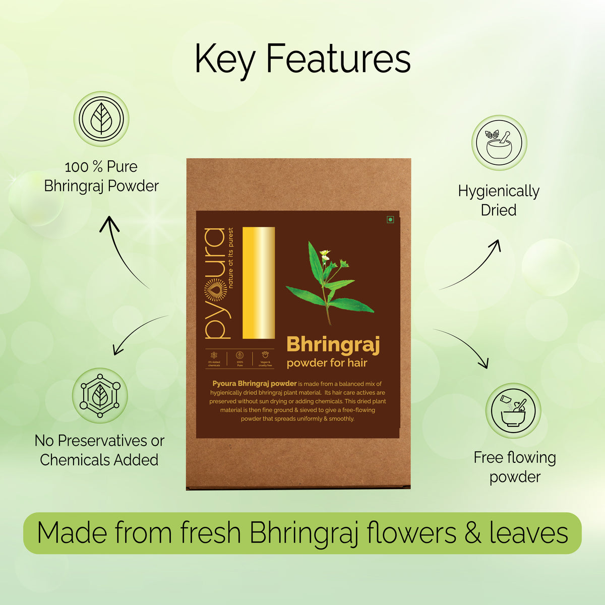 Bhringraj Powder <h4>100% Pure | Hygienically dried | For healthy scalp & strong hair <h4><h6>Made from hygienically dried hand-picked, cleaned bhringraj plant that while preserving their hair caring activies without sun drying or adding chemicals. <h6>