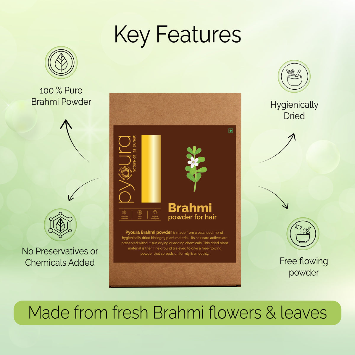 Brahmi Powder <h4>100% Pure | Hygienically dried | For healthy scalp & strong hair <h4><h6>Made from hygienically dried hand-picked, cleaned brahmi plant that while preserving their hair caring activies without sun drying or adding chemicals. <h6>