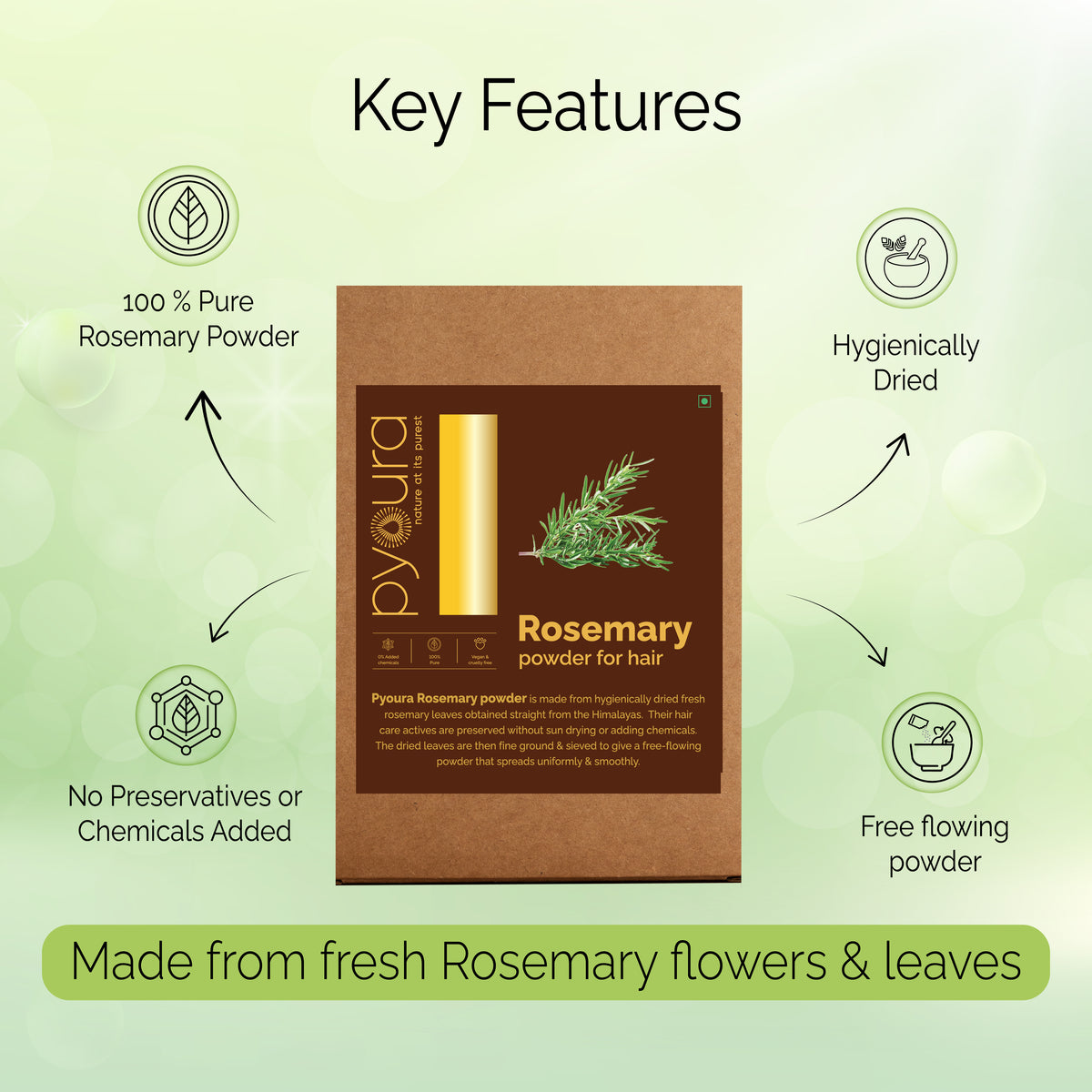 Rosemary Powder <h4>100% Pure | Hygienically dried | Hair Growth & Hair Fall Control <h4><h6>Made from hygienically dried hand-picked, cleaned Rosemary leaves that while preserving their hair caring activies without sun drying or adding chemicals. <h6>