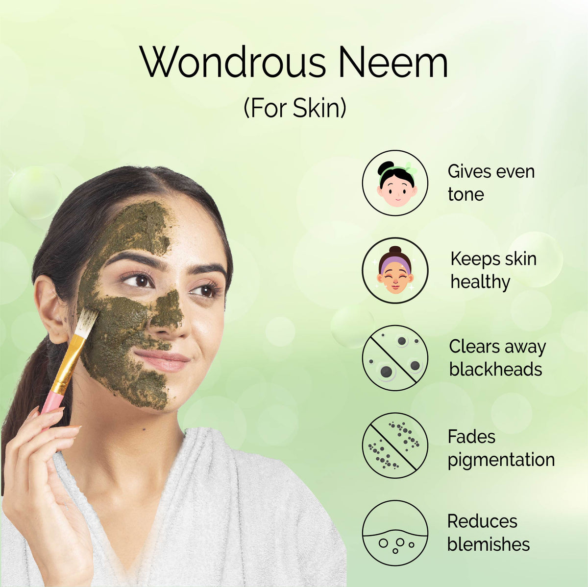 Neem Powder <h4> For a clear skin and healthy hair <h4><h6>Made from hygienically dried fresh neem leaves without sun drying or use of chemicals to preserve their natural hair & skin caring actives <h6>