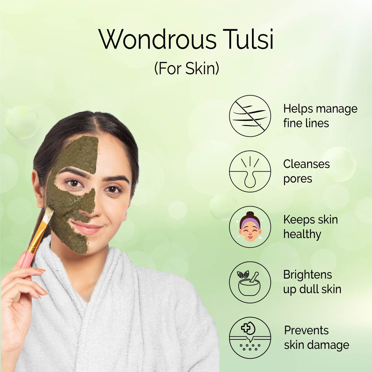 Tulsi Powder <h4> For a youthful skin and healthy hair <h4><h6>Made from hygienically dried fresh tulsi leaves while preserving their hair & skin caring actives without sun drying or adding chemicals.<h6>