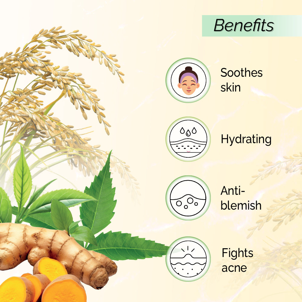 100% pure extract of Niacin Rich Brown Rice Anti-Acne Toner<h4> Turmeric, Neem & Green Tea Extracts<h4> <h6> Alcohol Free, 100% natural, easy-to-use mist spray rice toner<h6>