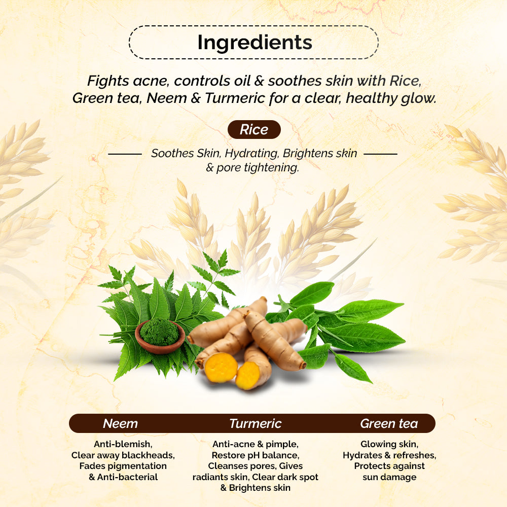 100% pure extract of Niacin Rich Brown Rice Anti-Acne Toner<h4> Turmeric, Neem & Green Tea Extracts<h4> <h6> Alcohol Free, 100% natural, easy-to-use mist spray rice toner<h6>