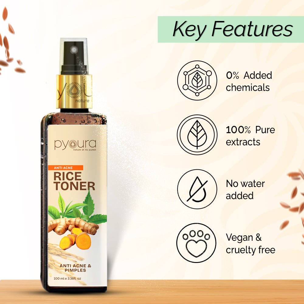 100% pure extract of Niacin Rich Brown Rice Anti-Acne Toner<h4> Turmeric, Neem & Green Tea Extracts<h4> <h6> Alcohol Free, 100% natural, easy-to-use mist spray rice toner<h6>