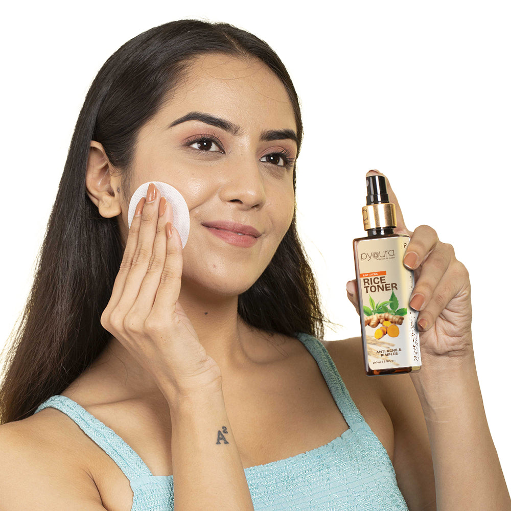 100% pure extract of Niacin Rich Brown Rice Anti-Acne Toner<h4> Turmeric, Neem & Green Tea Extracts<h4> <h6> Alcohol Free, 100% natural, easy-to-use mist spray rice toner<h6>