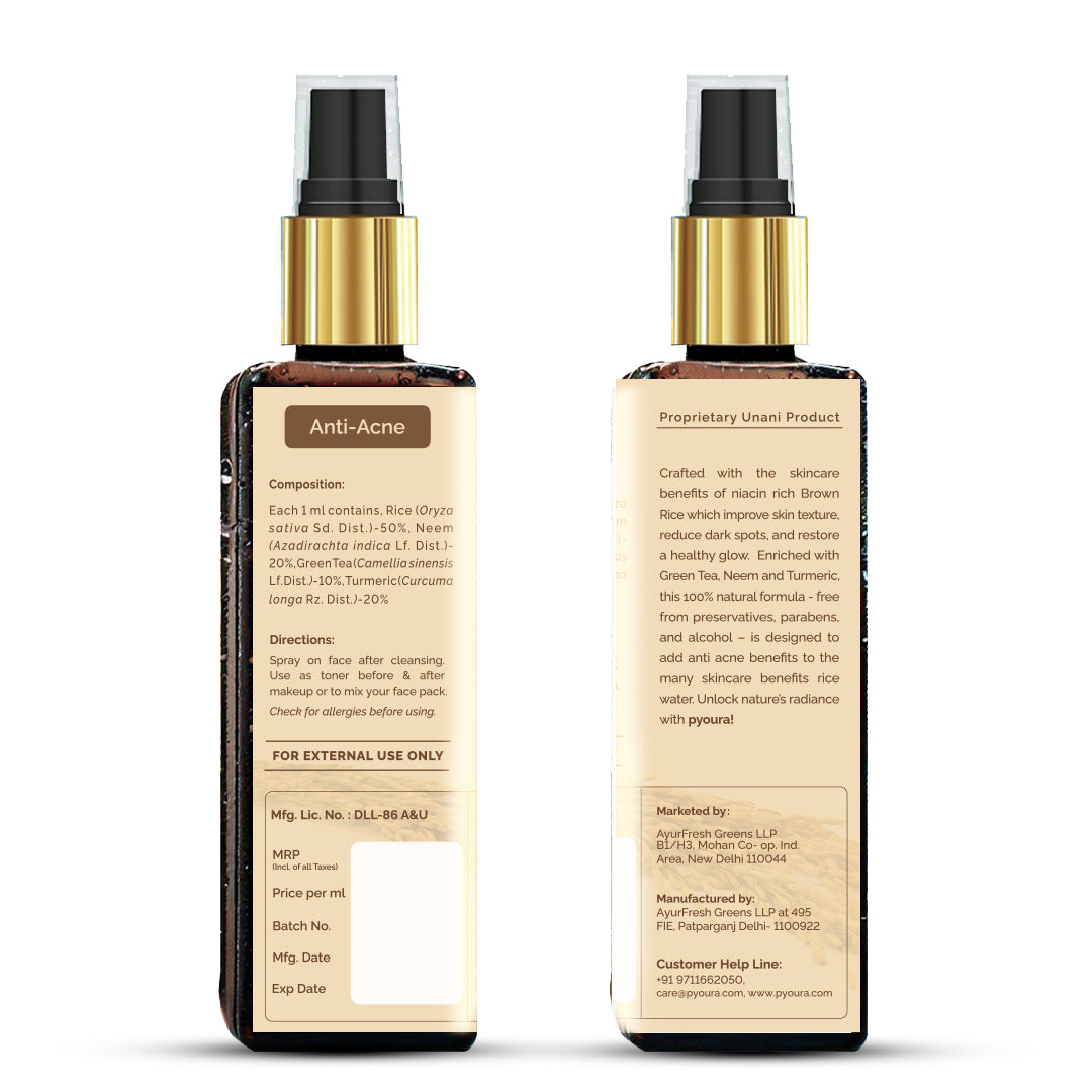 100% pure extract of Niacin Rich Brown Rice Anti-Acne Toner<h4> Turmeric, Neem & Green Tea Extracts<h4> <h6> Alcohol Free, 100% natural, easy-to-use mist spray rice toner<h6>