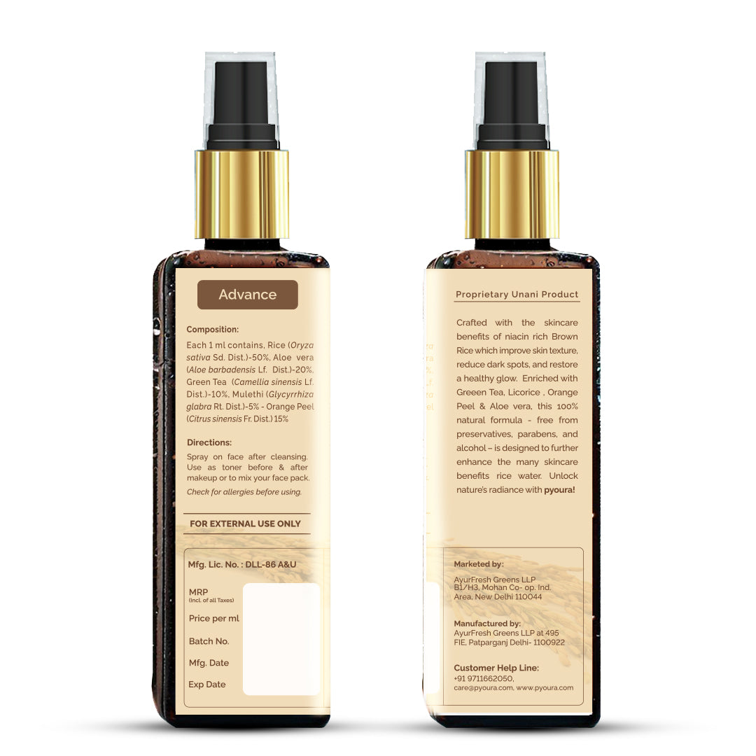 100% pure extract of Brown Rice Water Advanced Hydrating Toner<h4> Niacin Rich, With Aloe vera, Orange Peel, Green Tea & Licorice Extracts<h4> <h6> Alcohol Free, 100% natural, easy-to-use mist spray rice toner<h6>