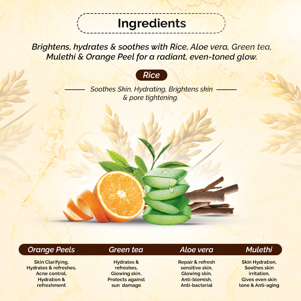 100% pure extract of Brown Rice Water Advanced Hydrating Toner<h4> Niacin Rich, With Aloe vera, Orange Peel, Green Tea & Licorice Extracts<h4> <h6> Alcohol Free, 100% natural, easy-to-use mist spray rice toner<h6>