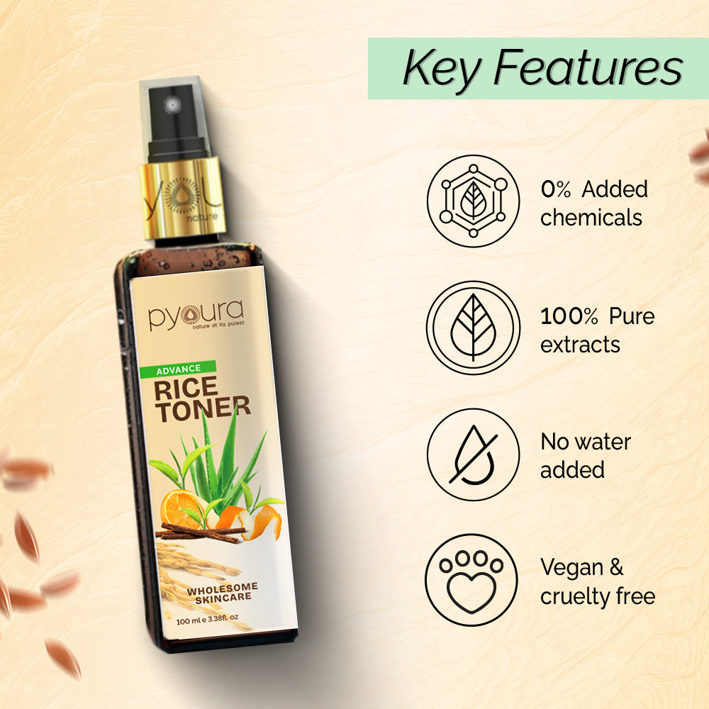 100% pure extract of Brown Rice Water Advanced Hydrating Toner<h4> Niacin Rich, With Aloe vera, Orange Peel, Green Tea & Licorice Extracts<h4> <h6> Alcohol Free, 100% natural, easy-to-use mist spray rice toner<h6>