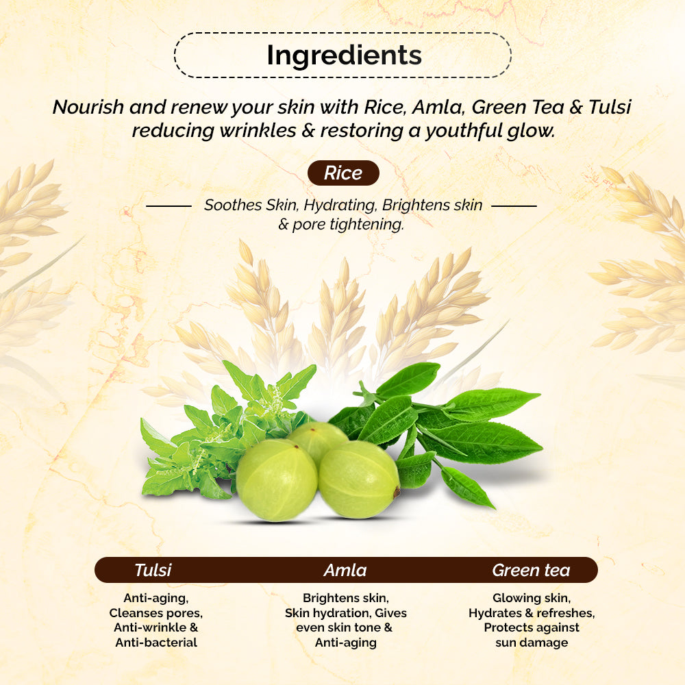 100% pure extract of Brown Rice Water Anti-Aging Toner<h4> Niacin Rich, With Tulsi, Amla & Green Tea Extracts<h4> <h6> Alcohol Free, 100% natural, easy-to-use mist spray rice toner<h6>