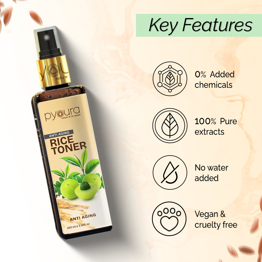 100% pure extract of Brown Rice Water Anti-Aging Toner<h4> Niacin Rich, With Tulsi, Amla & Green Tea Extracts<h4> <h6> Alcohol Free, 100% natural, easy-to-use mist spray rice toner<h6>
