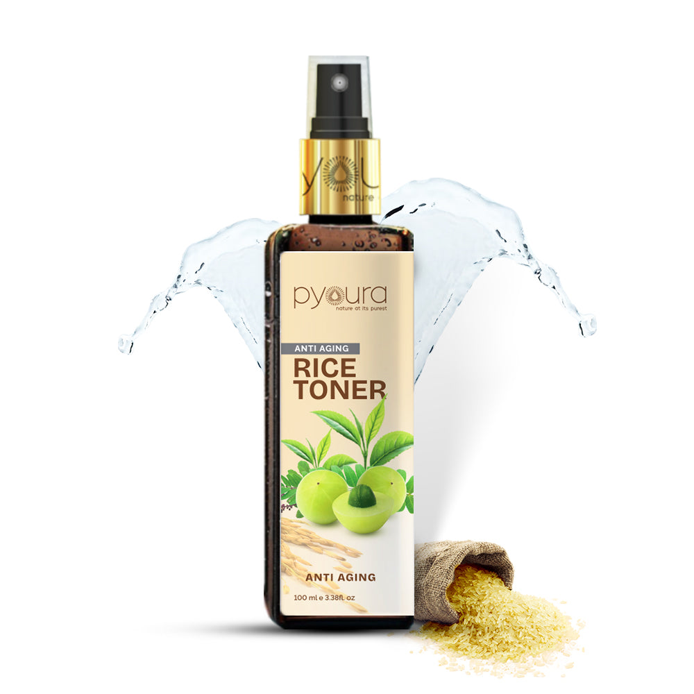 100% pure extract of Brown Rice Water Anti-Aging Toner<h4> Niacin Rich, With Tulsi, Amla & Green Tea Extracts<h4> <h6> Alcohol Free, 100% natural, easy-to-use mist spray rice toner<h6>