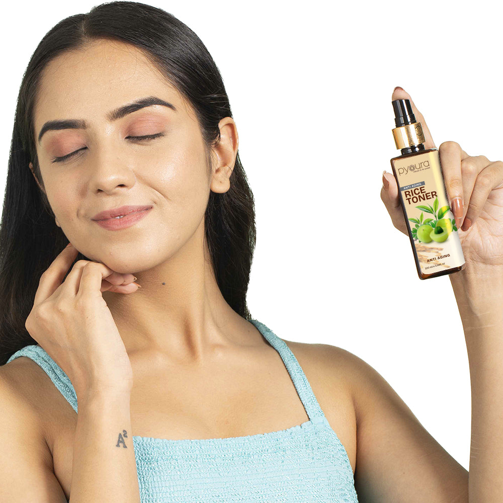 100% pure extract of Brown Rice Water Anti-Aging Toner<h4> Niacin Rich, With Tulsi, Amla & Green Tea Extracts<h4> <h6> Alcohol Free, 100% natural, easy-to-use mist spray rice toner<h6>