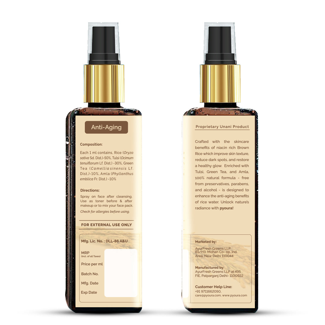100% pure extract of Brown Rice Water Anti-Aging Toner<h4> Niacin Rich, With Tulsi, Amla & Green Tea Extracts<h4> <h6> Alcohol Free, 100% natural, easy-to-use mist spray rice toner<h6>