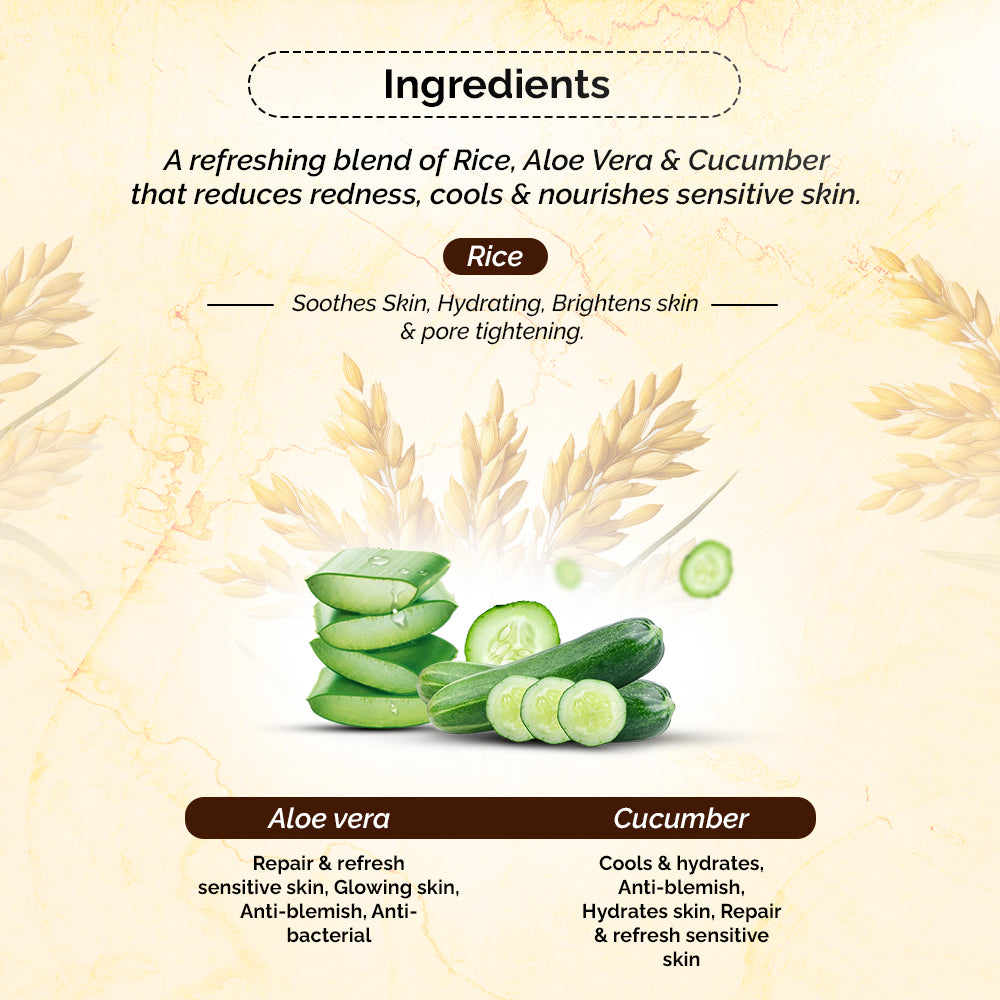 100% pure extract of Brown Rice Rice Water Hydrating Sensitive Skin Toner<h4> Niacin Rich, With Aloe vera & Cucumber Extracts<h4> <h6> Alcohol Free, 100% natural, easy-to-use mist spray rice toner<h6>