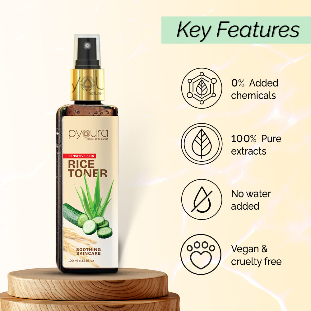 100% pure extract of Brown Rice Rice Water Hydrating Sensitive Skin Toner<h4> Niacin Rich, With Aloe vera & Cucumber Extracts<h4> <h6> Alcohol Free, 100% natural, easy-to-use mist spray rice toner<h6>