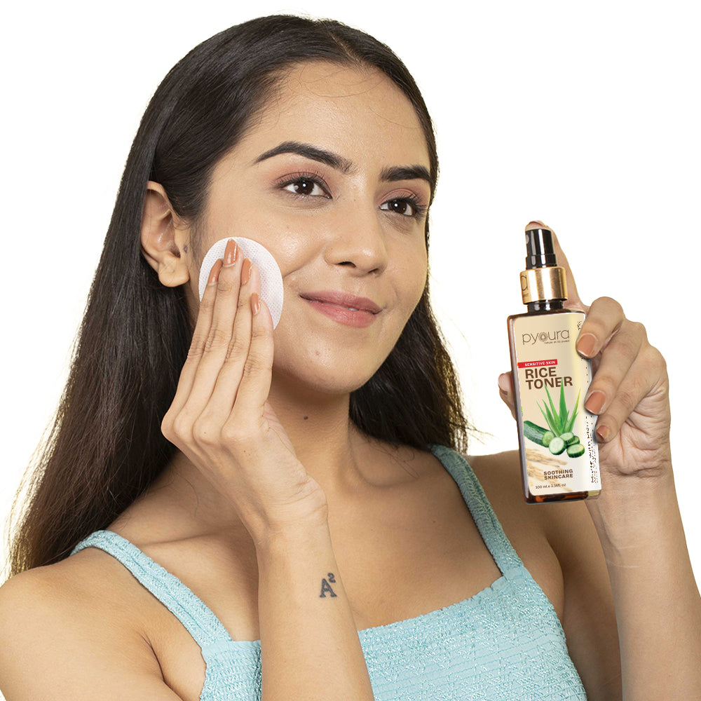 100% pure extract of Brown Rice Rice Water Hydrating Sensitive Skin Toner<h4> Niacin Rich, With Aloe vera & Cucumber Extracts<h4> <h6> Alcohol Free, 100% natural, easy-to-use mist spray rice toner<h6>
