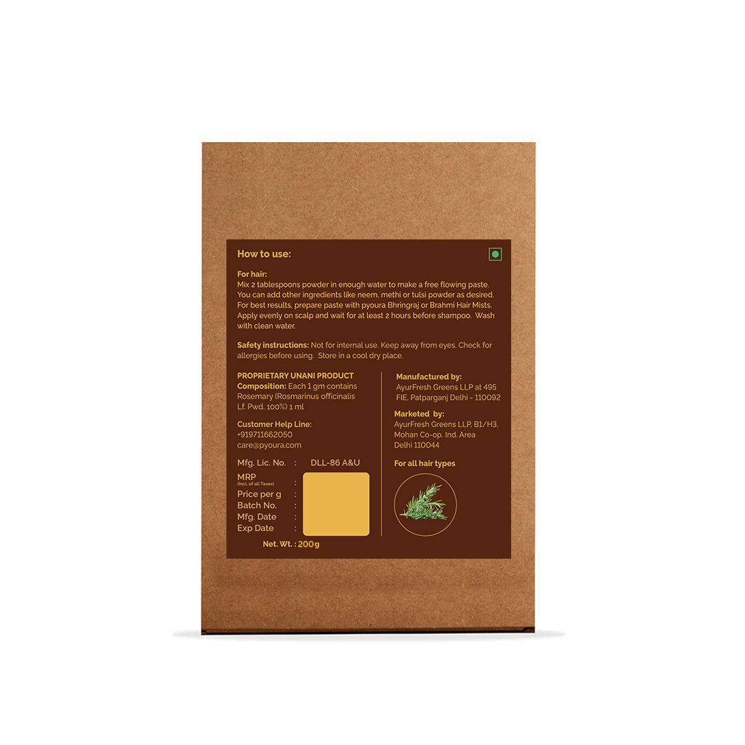 Rosemary Powder <h4>100% Pure | Hygienically dried | Hair Growth & Hair Fall Control <h4><h6>Made from hygienically dried hand-picked, cleaned Rosemary leaves that while preserving their hair caring activies without sun drying or adding chemicals. <h6>
