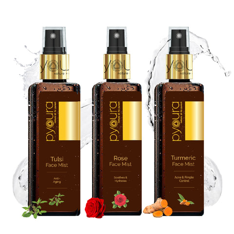 Turmeric + Tulsi + Rose Face Mist Combo <h4> A complete, easy-to-use skincare kit that keeps managing acne, pimples and fine lines just a soothing, alcohol and stain free spray away. <h4> <h6>100 ml each Pack of 3<h6>