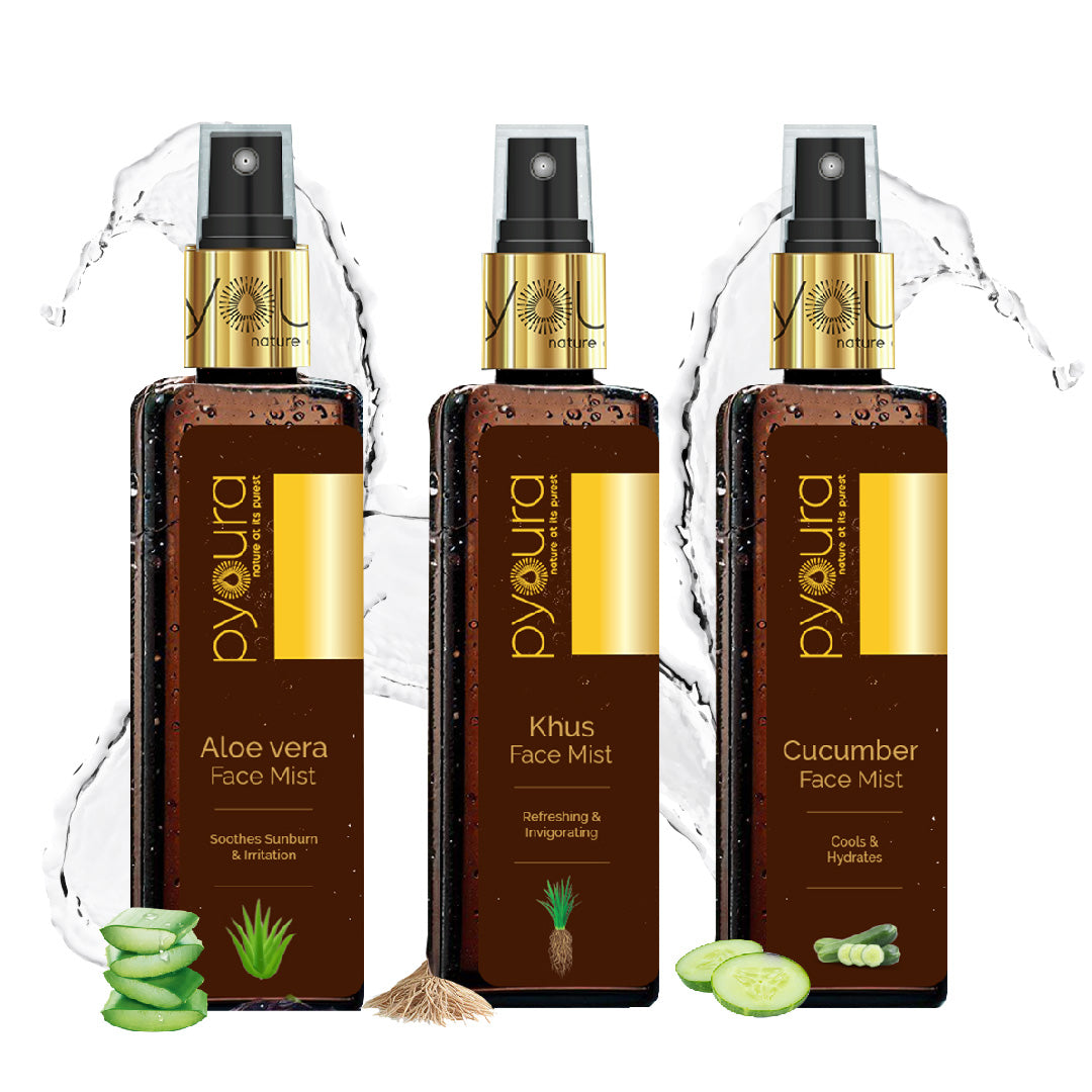 Aloe vera + Cucumber + Khus Face Mist Summer Skincare Kit <h4> Soothe Hydrate Sunburn & Refresh with these 100% pure, alcohol free extracts<h4><h6>100 ml each Pack of 3<h6>