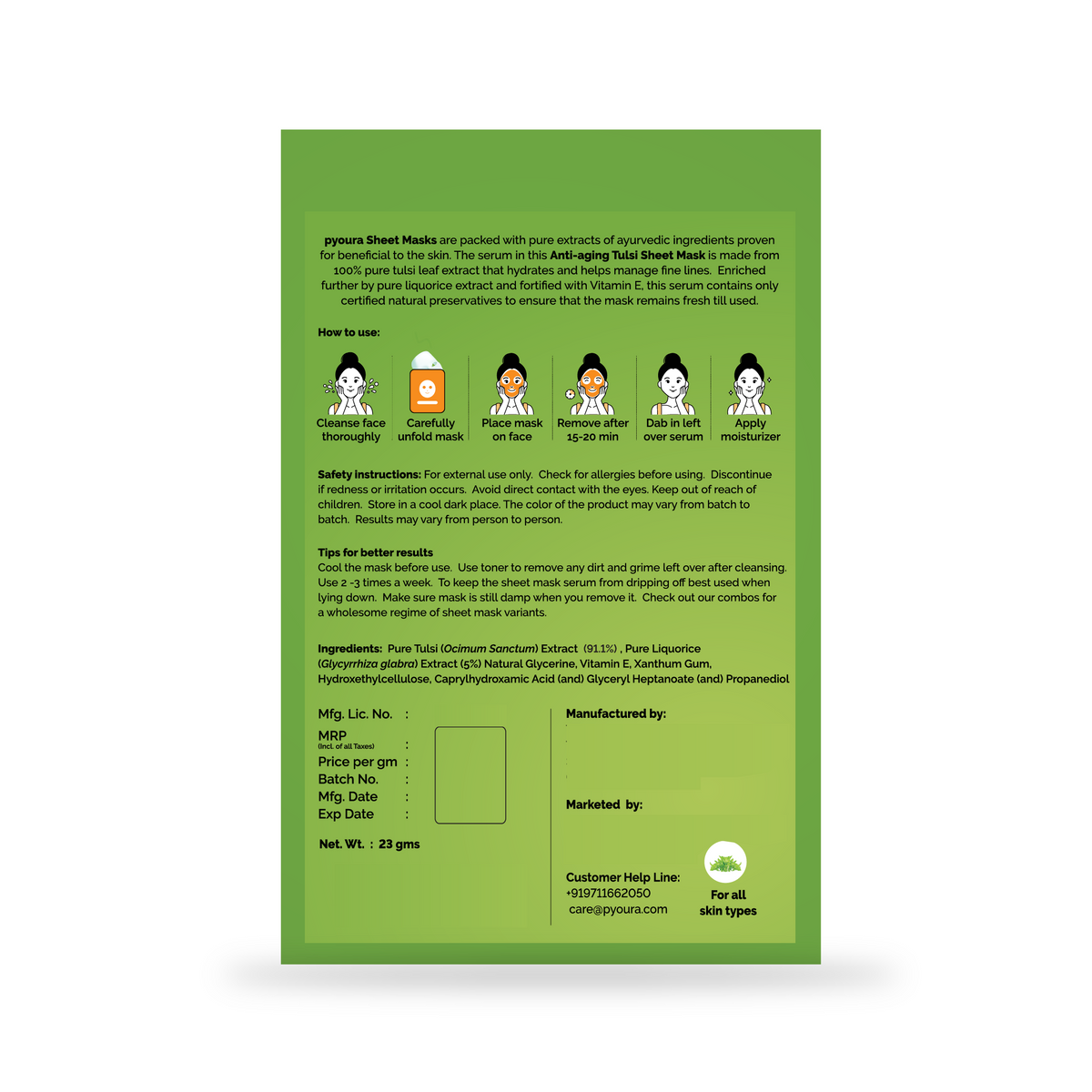 Tulsi Healing Sheet Mask <h4>Refreshes Skin, Manages Fine Lines<h4> <h6>  The serum in this sheet mask is made from 100% pure and stain free tulsi leaf extract that hydrates and helps manage fine lines. <h6>