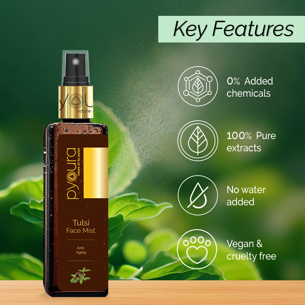 Anti Aging Toner Tulsi Face Mist. Manages Fine Lines and Wrinkles. Alcohol Free, 100% natural, easy-to-use mist spray tulsi toner.